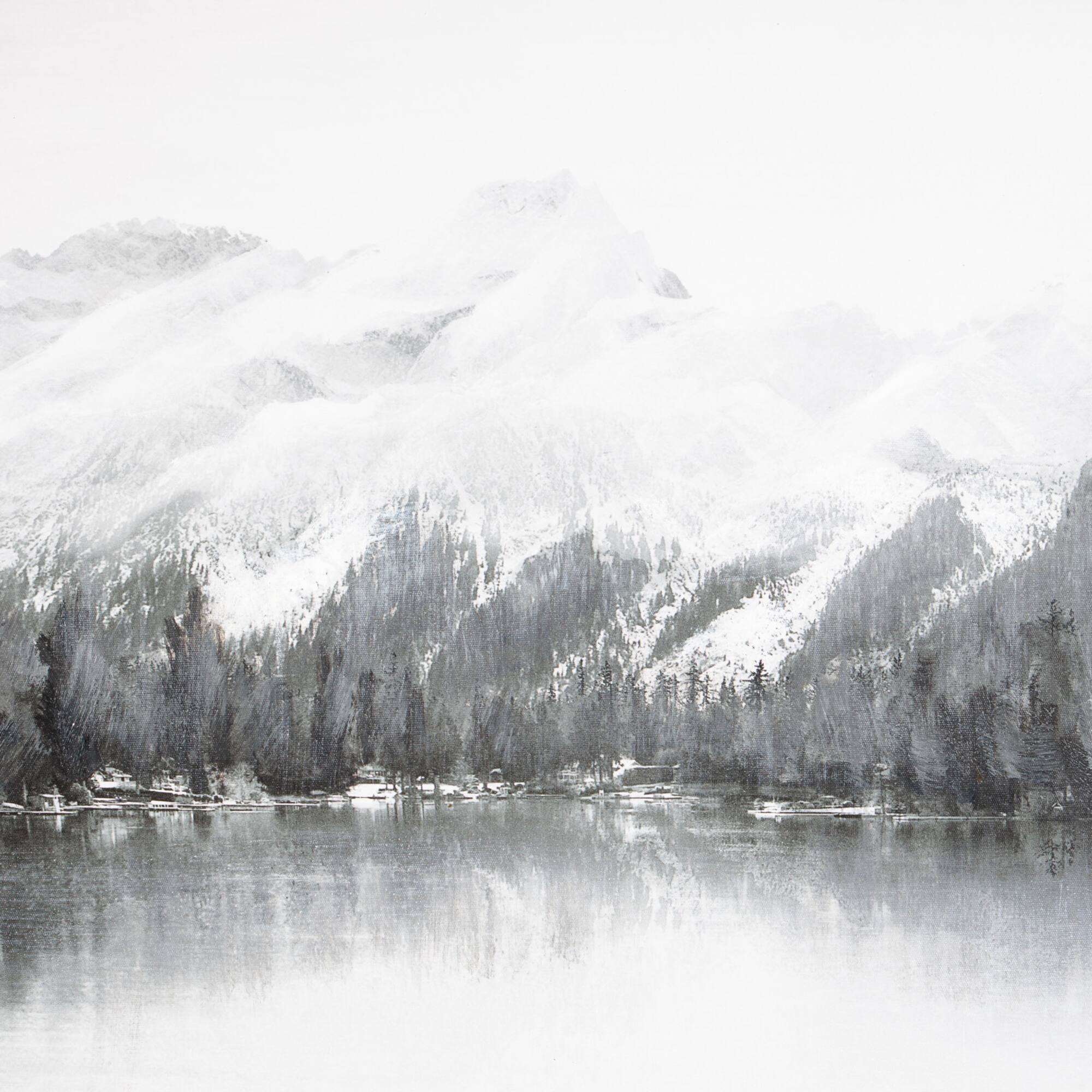 40" x 30" Gray Neutral Lake Landscape Canvas Framed Wall Art with Black Frame